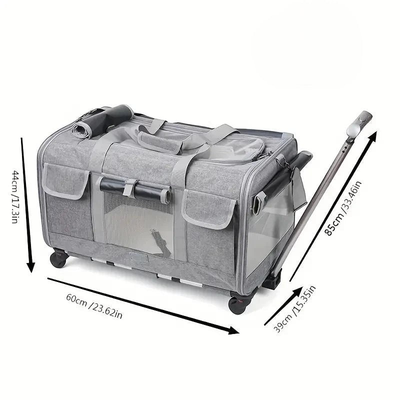 Chariot de transport pour chat Esprit Chat en nylon gris avec roulettes, poignée télescopique et fenêtres en filet