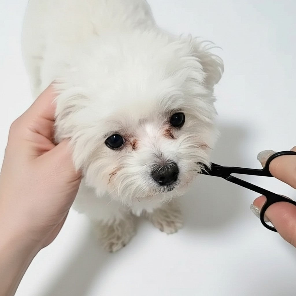 Toilettage Esprit Chat d'un petit chien blanc avec des ciseaux professionnels noirs