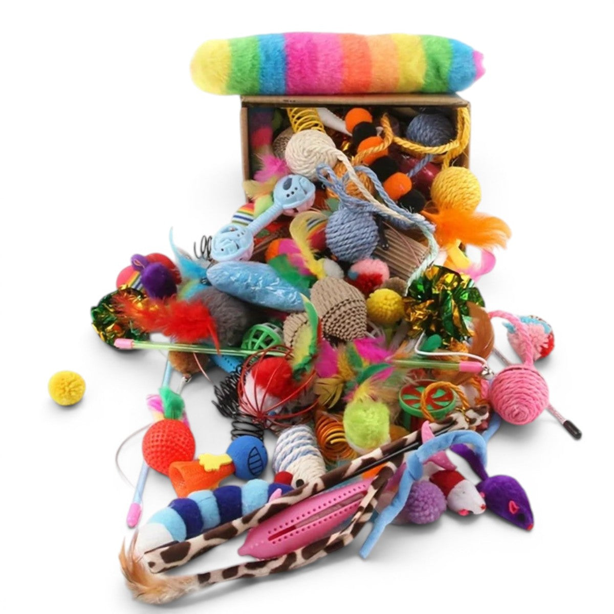 Boîte Esprit Chat remplie de jouets variés pour chat, incluant balles, ressorts et peluches colorées.