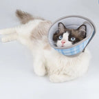 Collerette souple Esprit Chat en tissu mesh bleu et blanc à carreaux, ajustable et respirante, idéale pour la convalescence post-opératoire des chats.