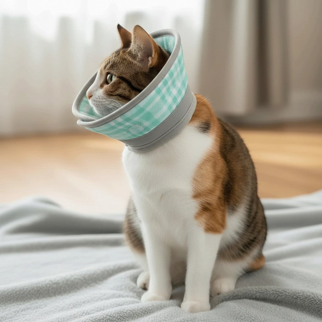 Collerette souple Esprit Chat en tissu mesh respirant, réglable, motif carreaux bleu et gris, pour chat en convalescence.