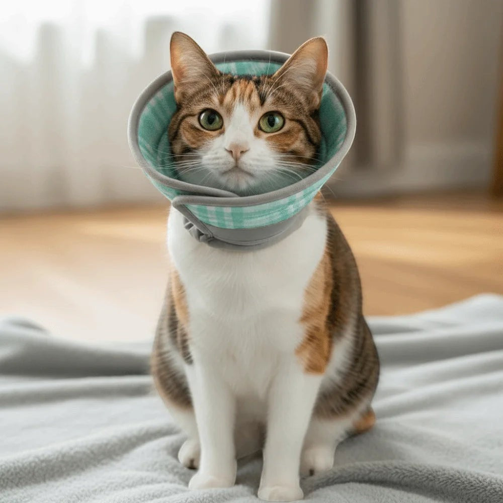 Collerette souple Esprit Chat en tissu mesh respirant, ajustable, motif carreaux bleu et gris, pour chat post-opératoire.