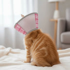 Collerette souple Esprit Chat rose et grise à carreaux, en tissu respirant, pour chaton en convalescence.