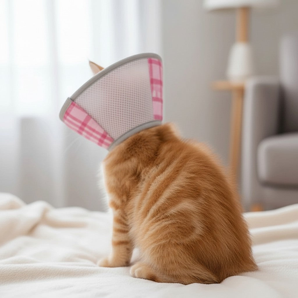 Collerette souple Esprit Chat rose et grise à carreaux, en tissu respirant, pour chaton en convalescence.