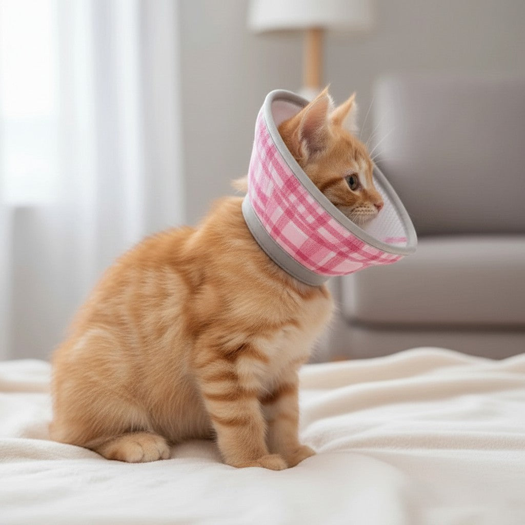 Collerette souple rose et grise pour chaton, en tissu respirant, réglable, idéale après une opération.