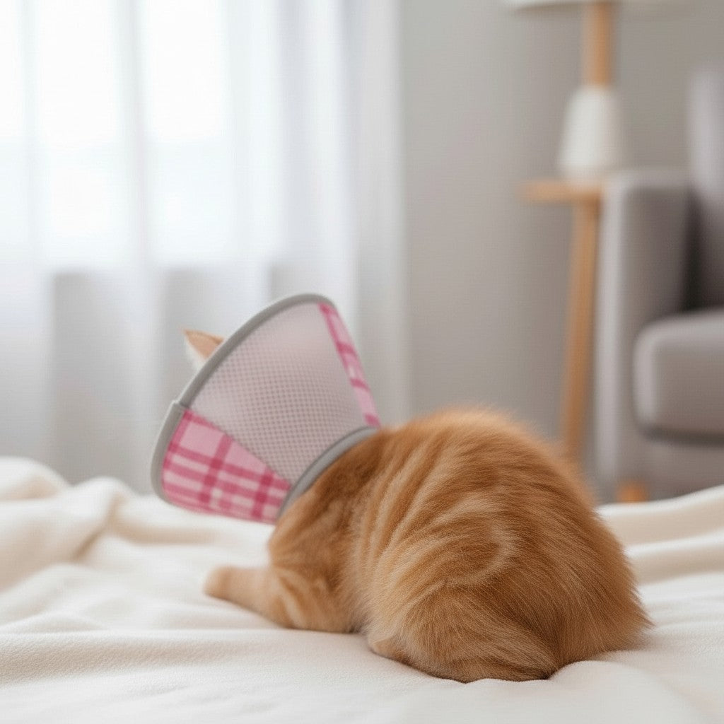 Collerette souple Esprit Chat rose et grise à carreaux, en tissu respirant, réglable, pour chat post-opératoire.