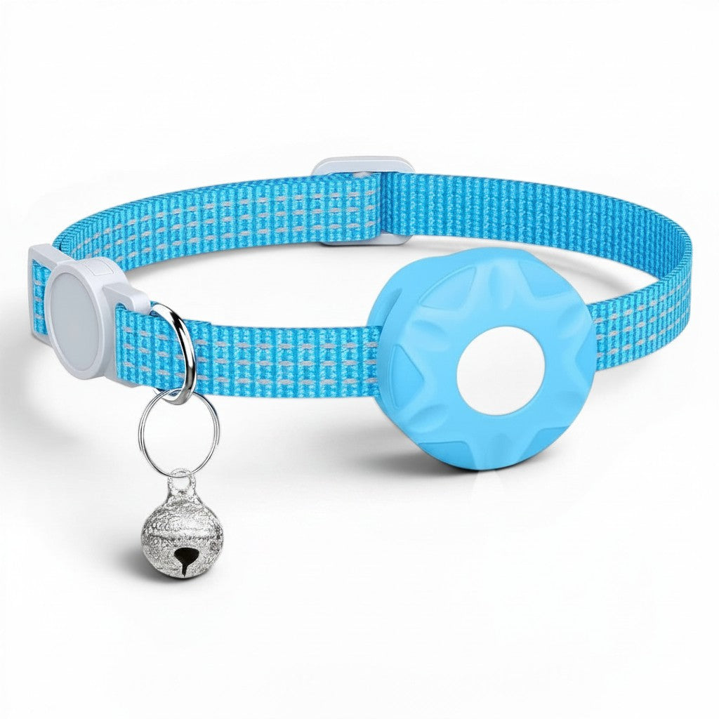 Collier pour chat Esprit Chat bleu avec porte-Airtag, clochette et bandes réfléchissantes pour la sécurité nocturne.