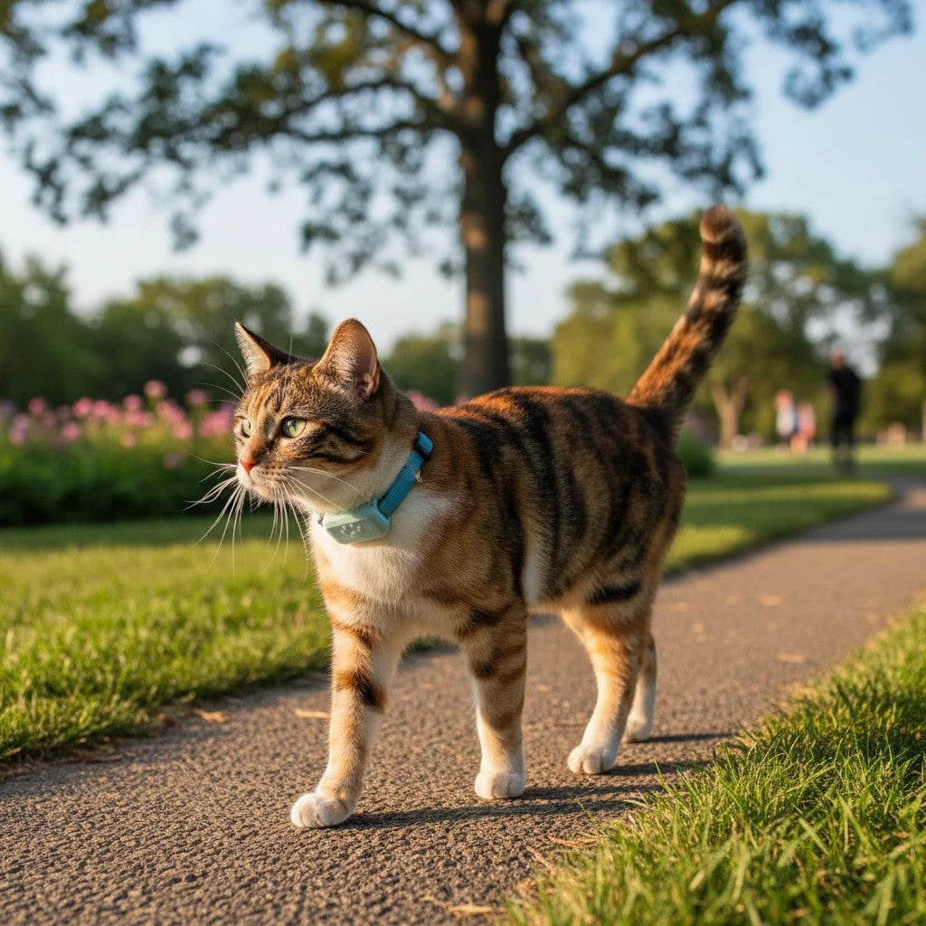 Collier Bluetooth bleu pour chat Esprit Chat, léger et discret, avec suivi GPS global.