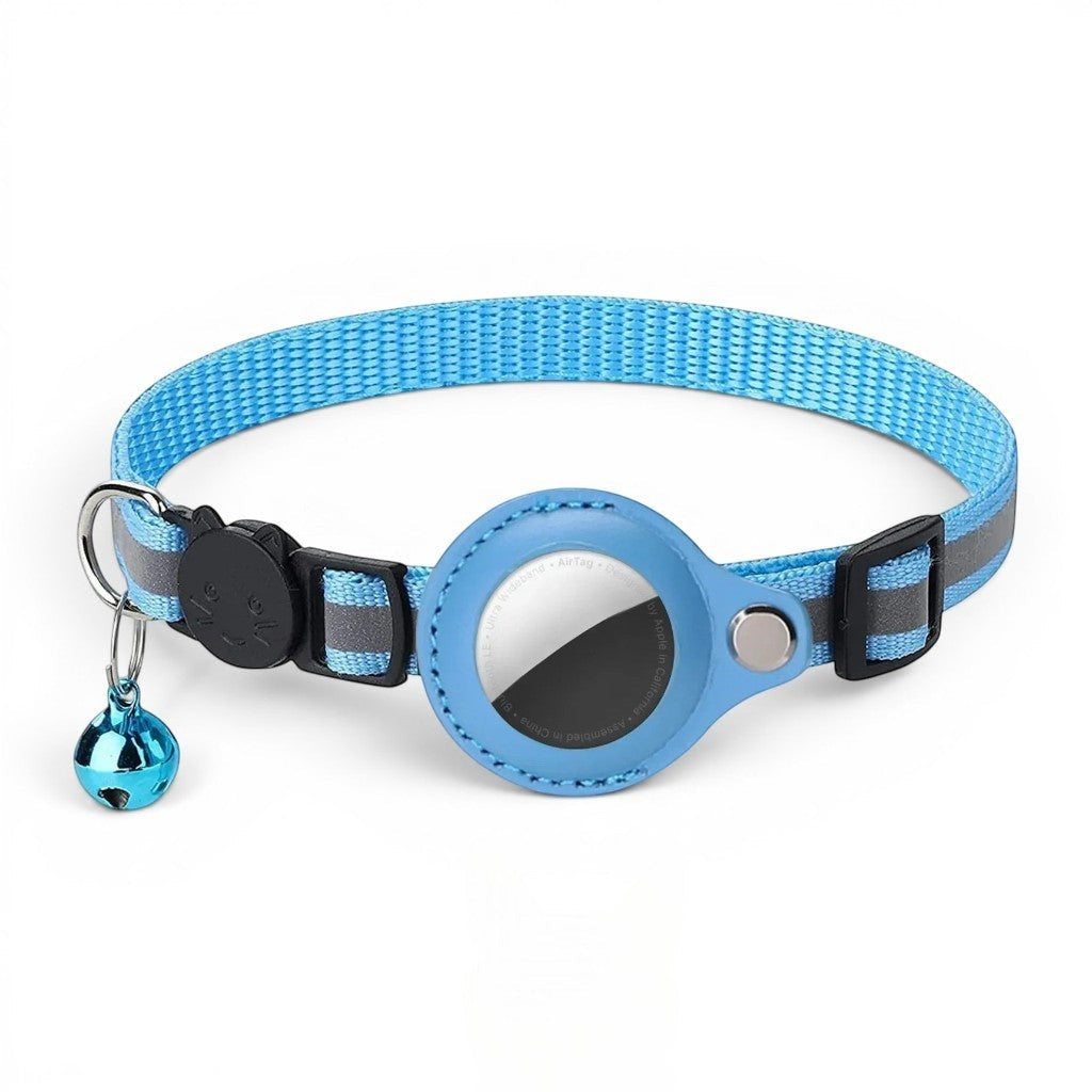 Collier réfléchissant bleu pour chat avec clochette et étui pour AirTag, en nylon.