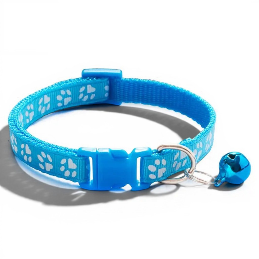 Collier pour chat Esprit Chat bleu en polyester avec motif empreintes de pattes et clochette intégrée
