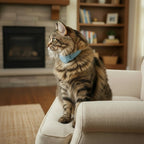 Collier en cuir bleu ciel pour chat de la marque Esprit Chat, avec un design simple et une boucle discrète.