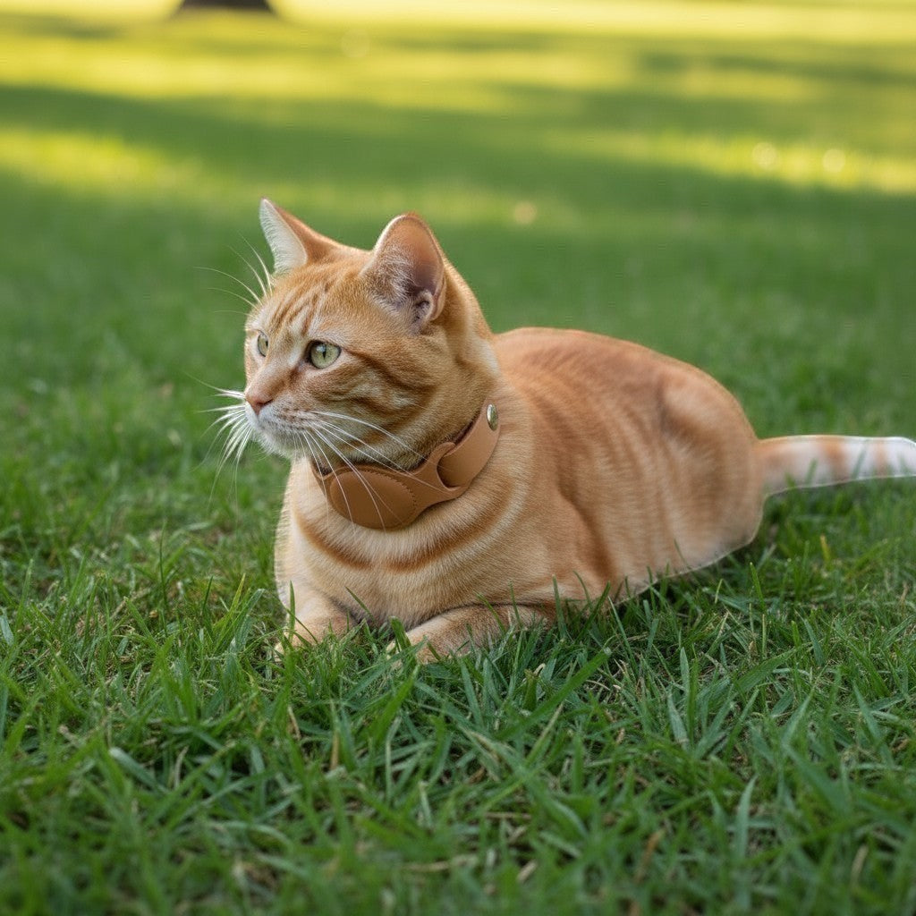 Collier en cuir marron clair pour chat Esprit Chat, avec un compartiment pour AirTag, porté par un chat roux assis dans l'herbe.