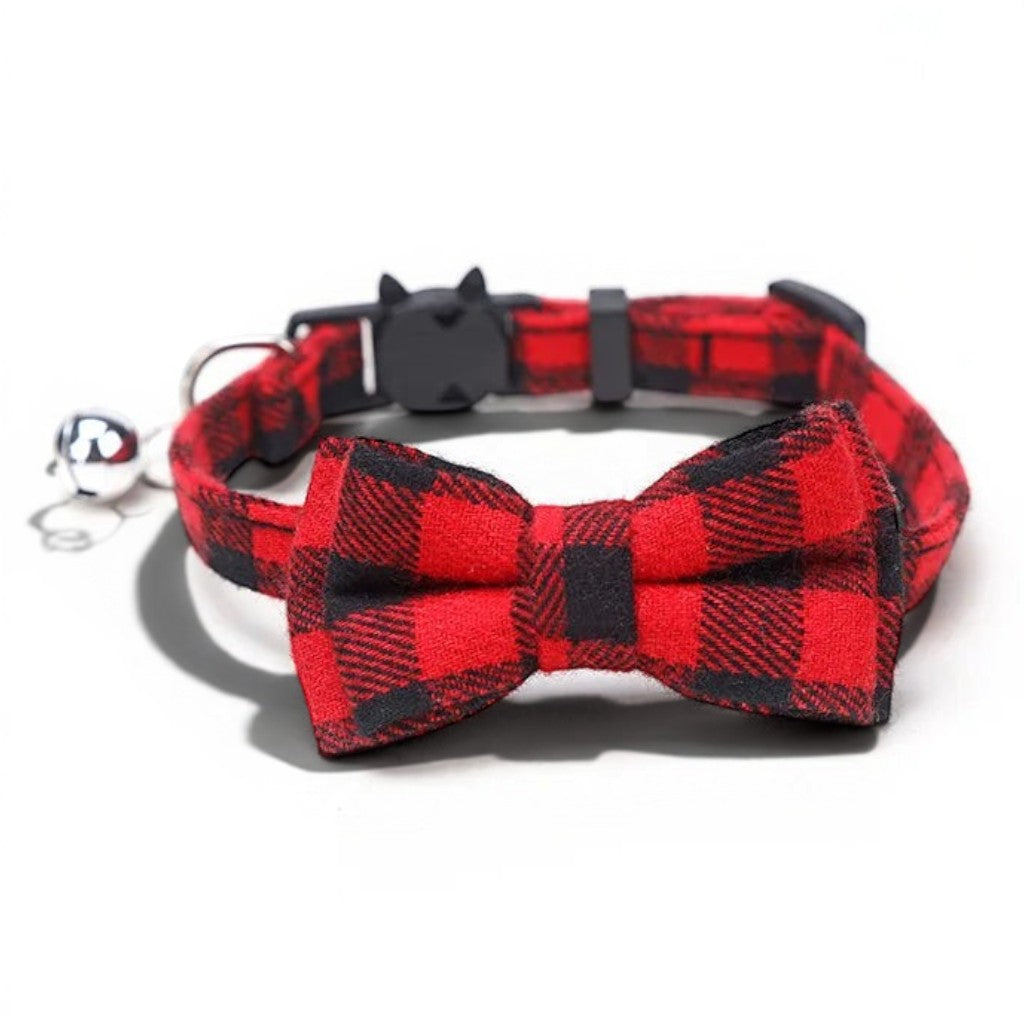 Collier pour chat Esprit Chat en coton rouge à motif écossais avec nœud papillon et grelot décoratif