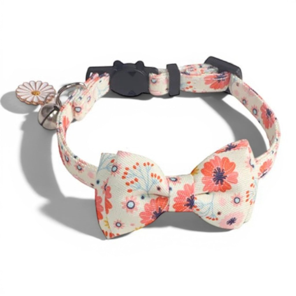Collier pour chat Esprit Chat en polyester à motif floral avec nœud papillon, boucle de sécurité et grelot