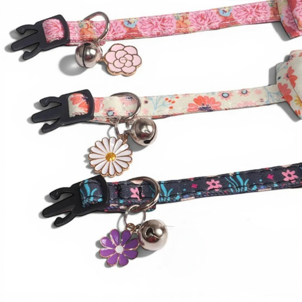 Colliers Esprit Chat pour chat en polyester avec motifs floraux, nœud papillon, boucle de sécurité et breloque fleur