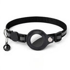 Collier réfléchissant noir pour chat Esprit Chat avec un porte-AirTag en cuir et une clochette.