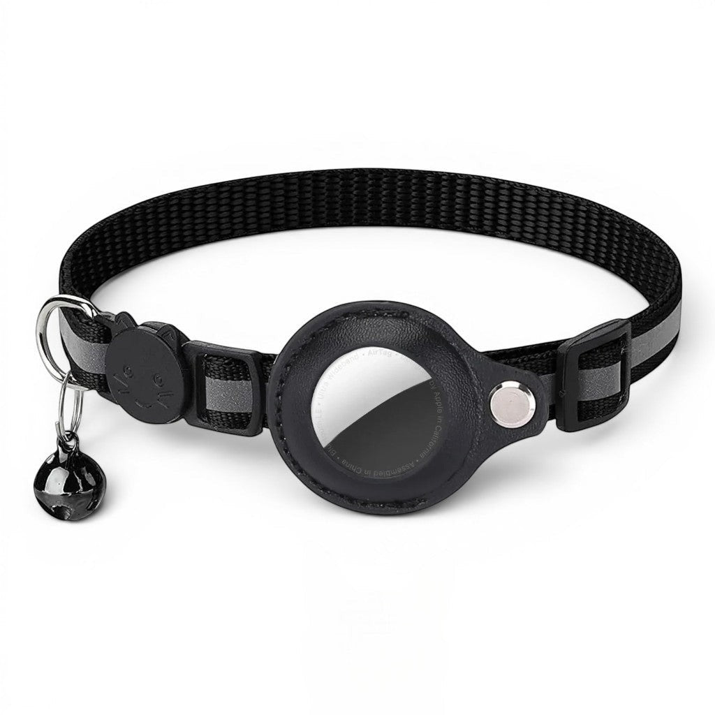 Collier réfléchissant noir pour chat Esprit Chat avec un porte-AirTag en cuir et une clochette.