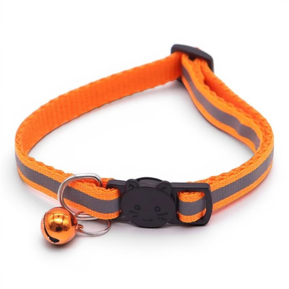Collier pour chat Esprit Chat orange réfléchissant avec boucle de sécurité en forme de tête de chat et petite clochette