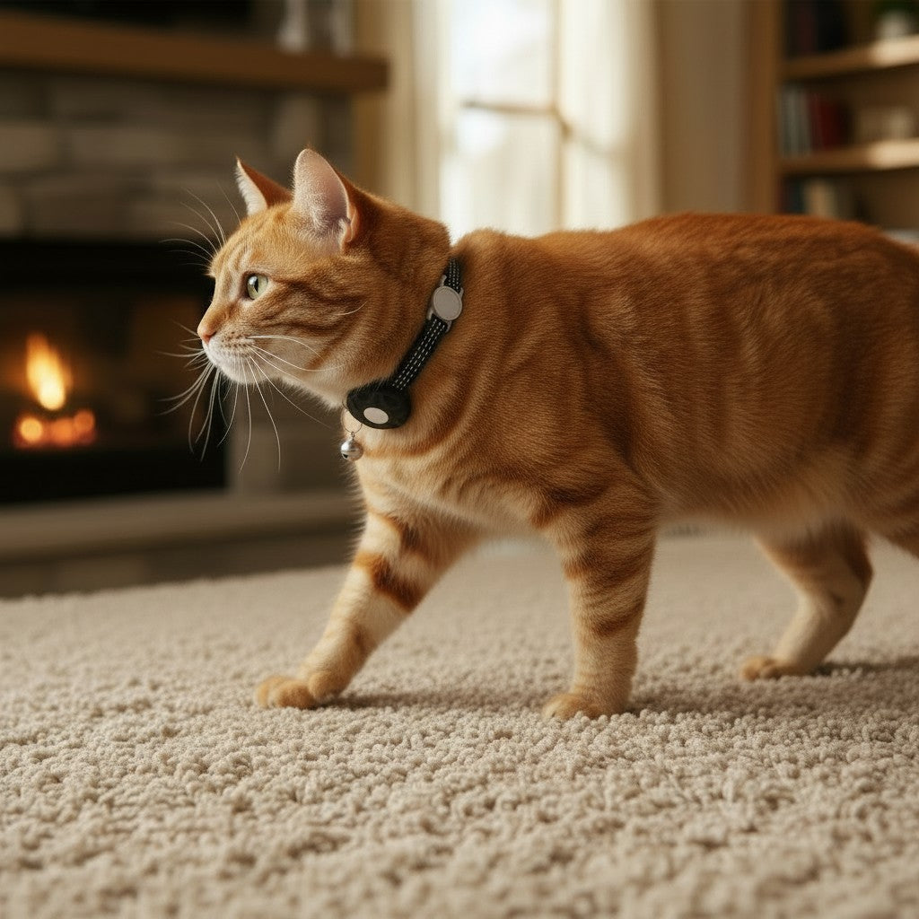 Collier pour chat Esprit Chat avec clochette et porte-AirTag, noir et argenté, réglable, avec bandes réfléchissantes.