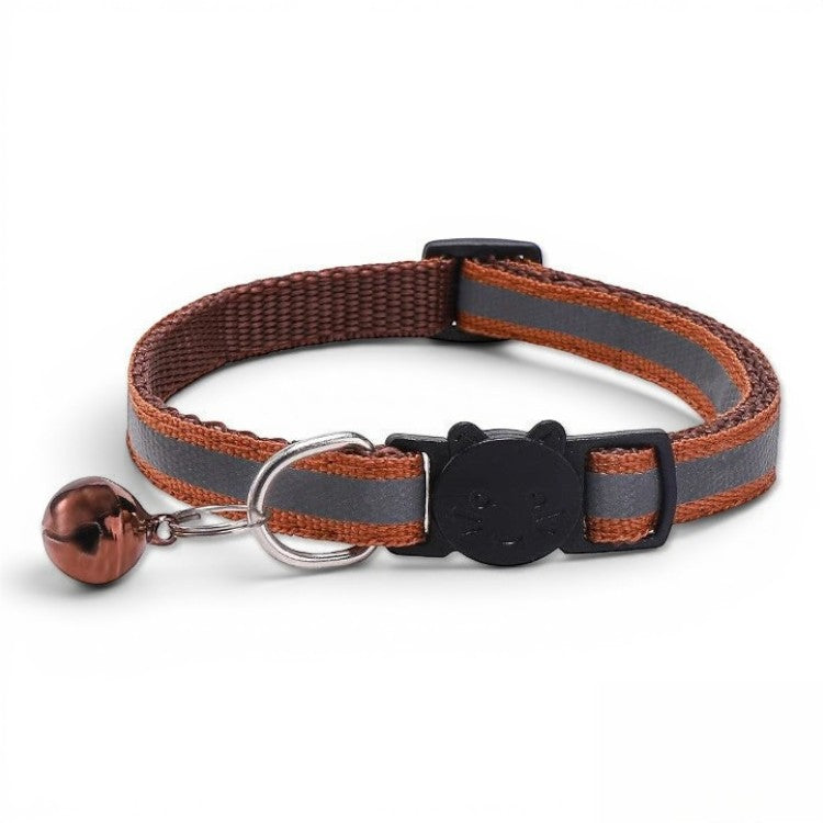 Collier réfléchissant marron Esprit Chat avec boucle de sécurité en forme de tête de chat et petite clochette assortie