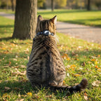 Collier réfléchissant noir pour chat Esprit Chat avec un boîtier rond, porté par un chat tigré assis dans l'herbe.