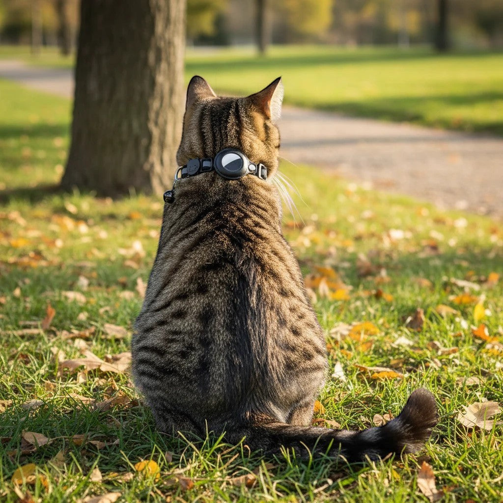 Collier réfléchissant noir pour chat Esprit Chat avec un boîtier rond, porté par un chat tigré assis dans l'herbe.