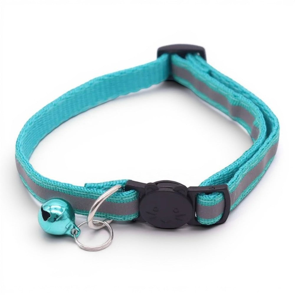 Collier pour chat Esprit Chat turquoise réfléchissant avec boucle de sécurité et petite clochette décorative