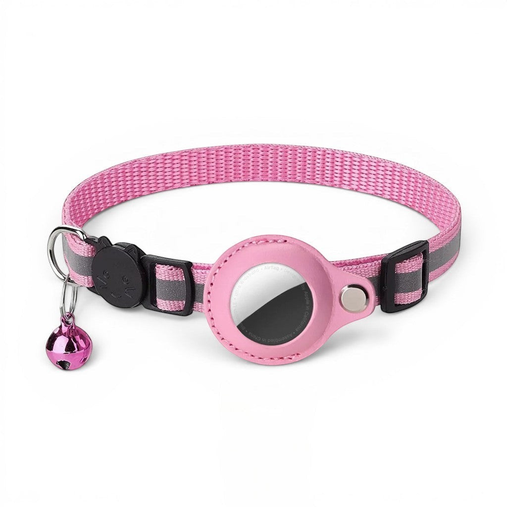 Collier réfléchissant rose pour chat avec un grelot et un étui pour traceur, en nylon.