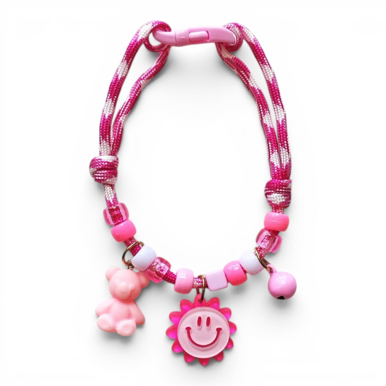 Collier pour chat Esprit Chat rose ajustable avec perles, breloque ourson, fleur souriante et grelot