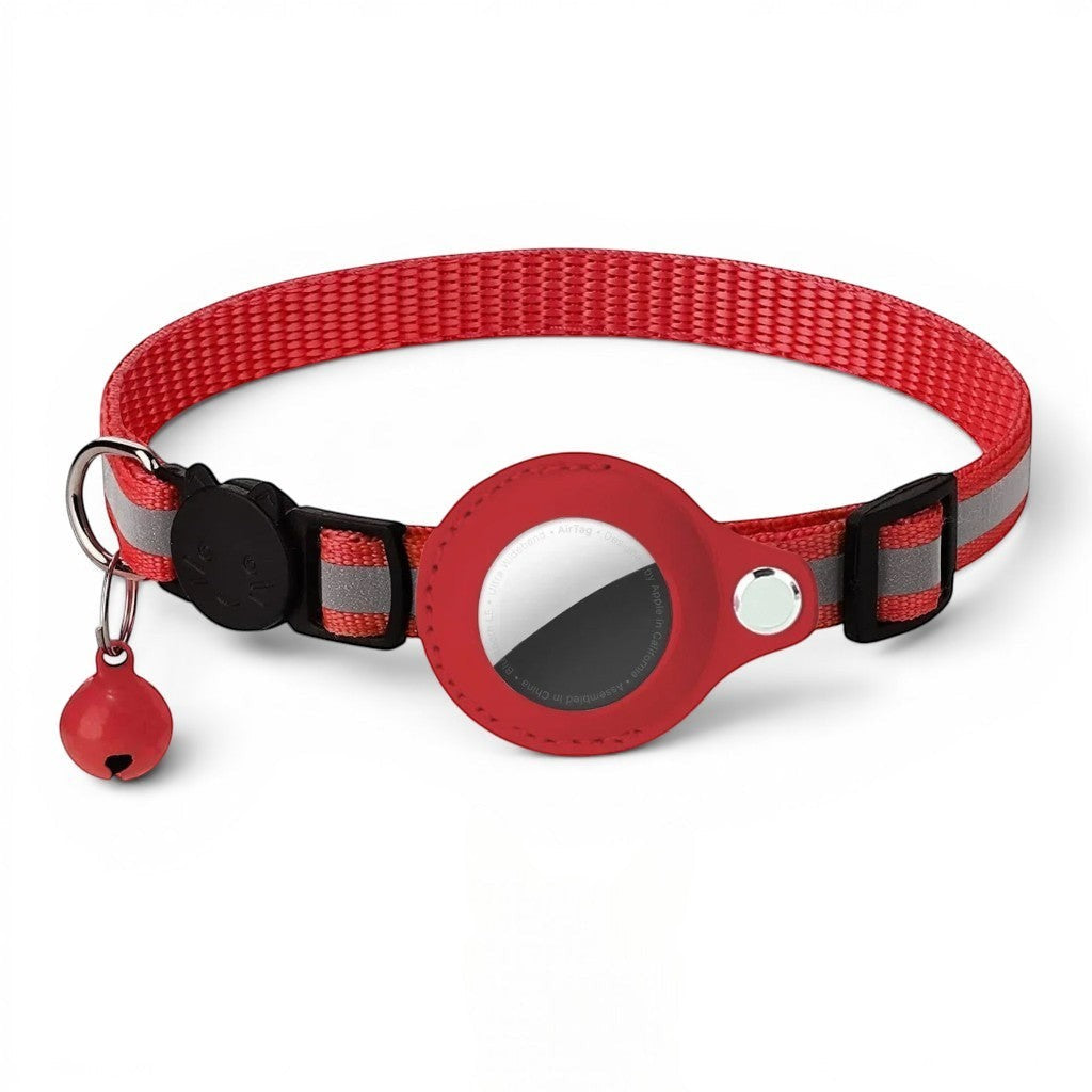 Collier réfléchissant rouge pour chat avec clochette et étui pour AirTag, en nylon.