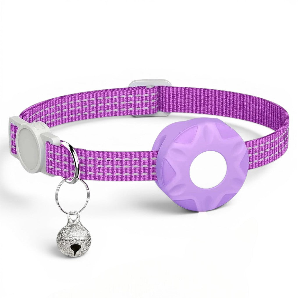 Collier pour chat Esprit Chat violet avec clochette et support pour AirTag, réglable et réfléchissant.