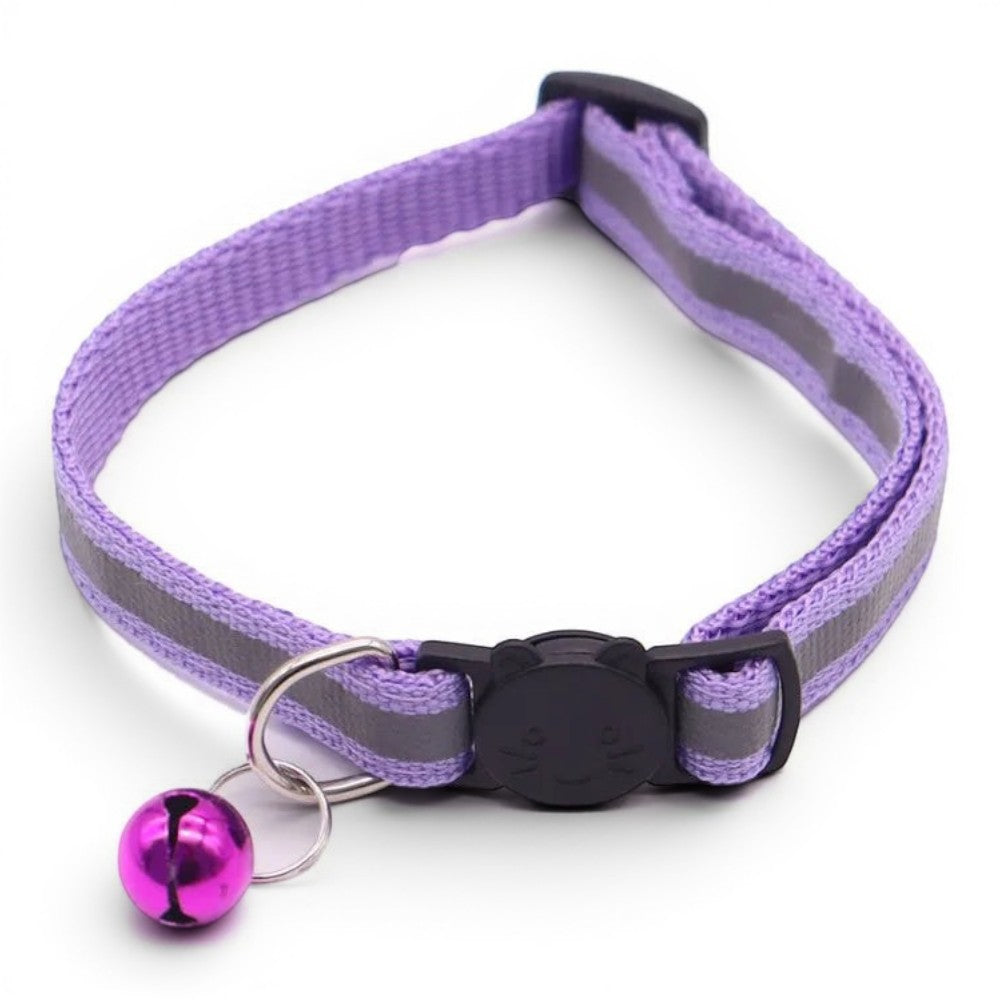 Collier pour chat Esprit Chat violet réfléchissant avec boucle de sécurité en forme de tête de chat et petite clochette