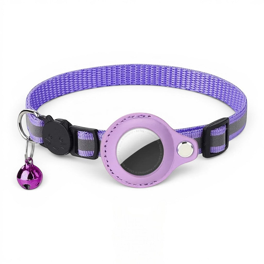 Collier pour chat Esprit Chat violet avec clochette et support pour traceur, nylon réfléchissant.