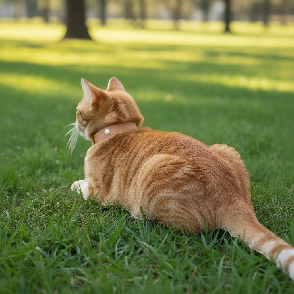 Collier en cuir marron pour chat Esprit Chat, avec un compartiment pour AirTag, posé sur l'herbe.
