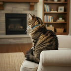 Collier en cuir bleu clair pour chat de marque Esprit Chat, avec un chat tigré assis sur un fauteuil.