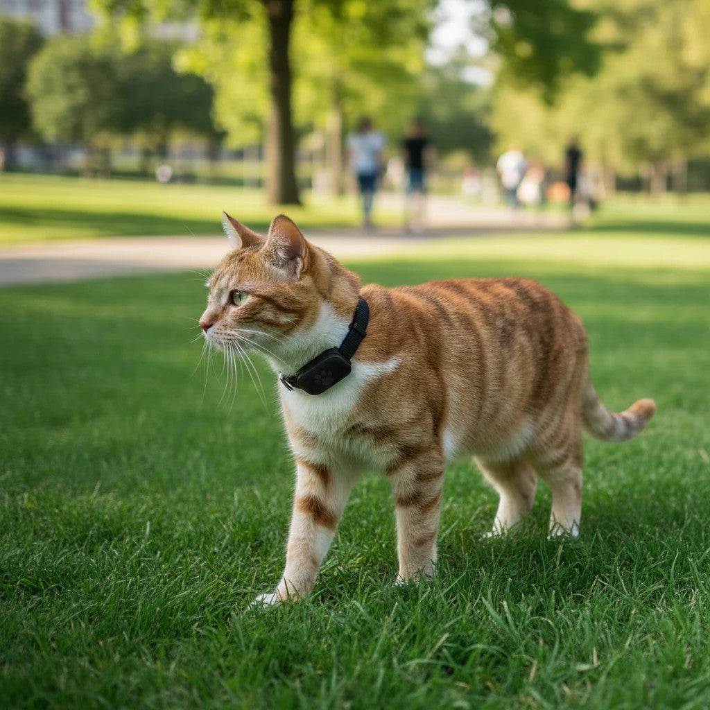 Collier GPS pour chat orange tigré par Esprit Chat, avec un boîtier noir discret et une petite patte gravée. Idéal pour le suivi de votre animal.