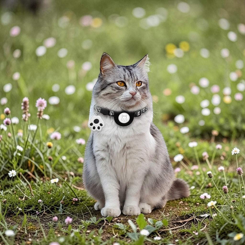 Collier GPS pour chat Esprit Chat avec traceur rond noir et pendentif patte blanche, léger et discret.