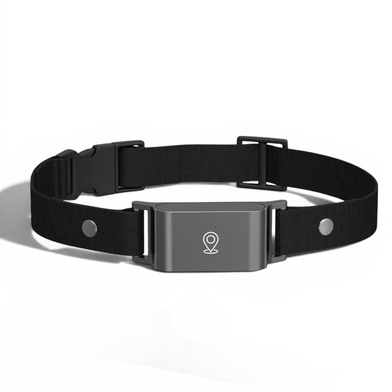 Collier GPS noir en nylon pour chat et chien, avec boîtier discret et logo de localisation.
