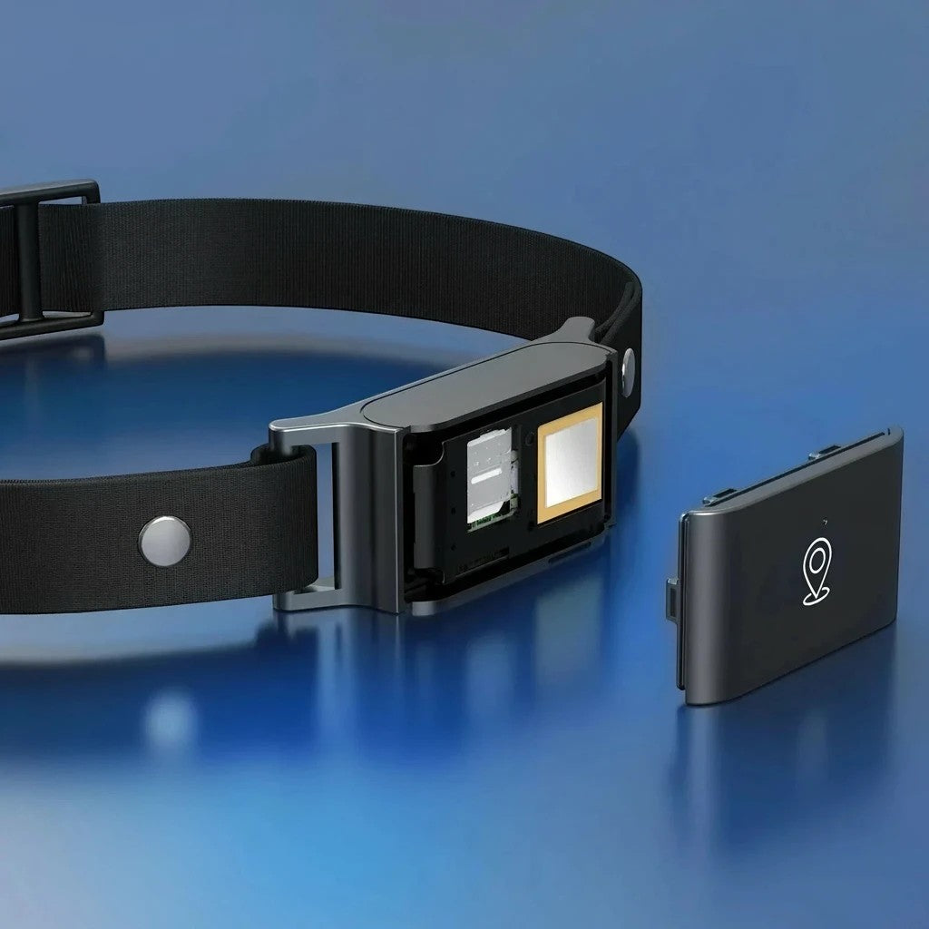 Collier GPS noir pour chat et chien, avec compartiment ouvert révélant la technologie interne et un couvercle de protection.