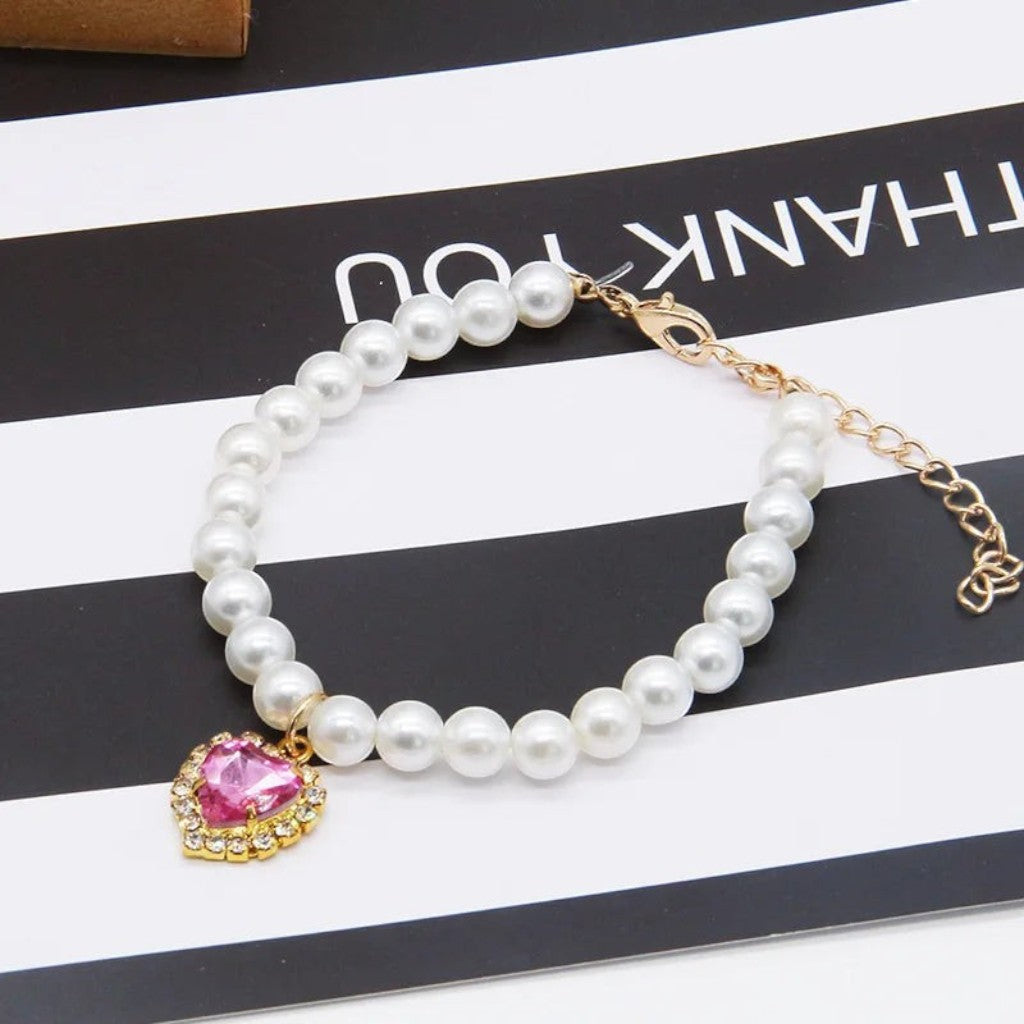 Collier de perles Esprit Chat pour chat avec pendentif en forme de cœur rose et strass brillants