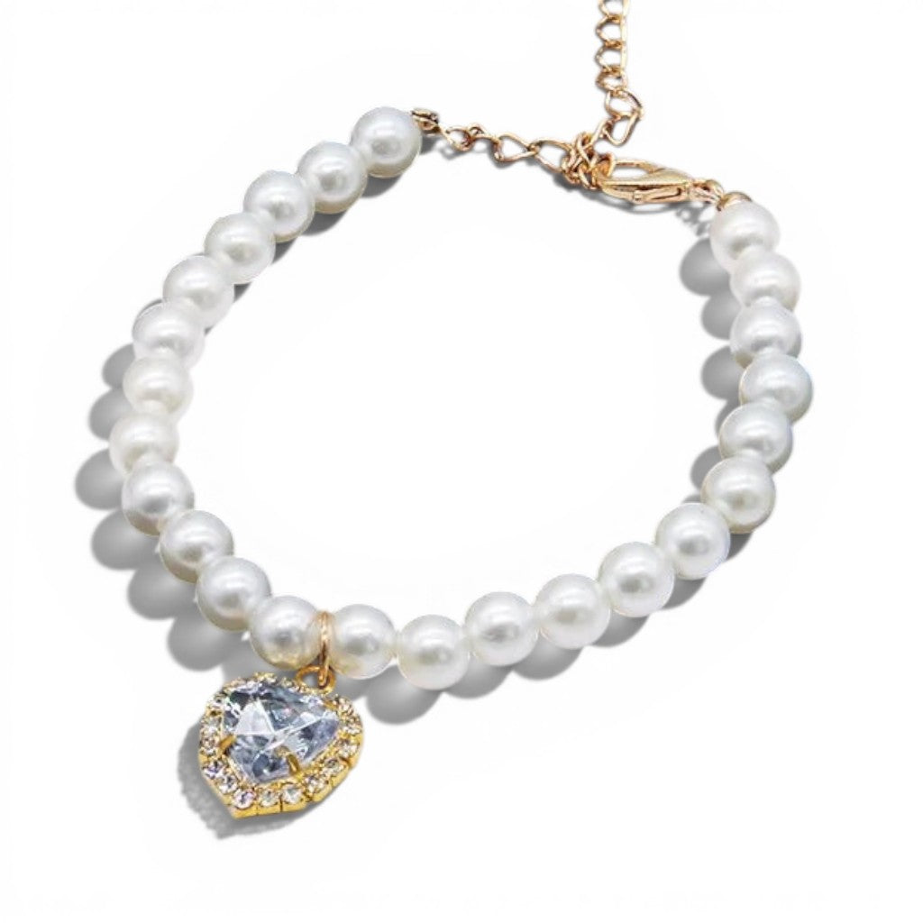 Collier de perles Esprit Chat pour chat avec pendentif en forme de cœur en cristal brillant et fermoir doré