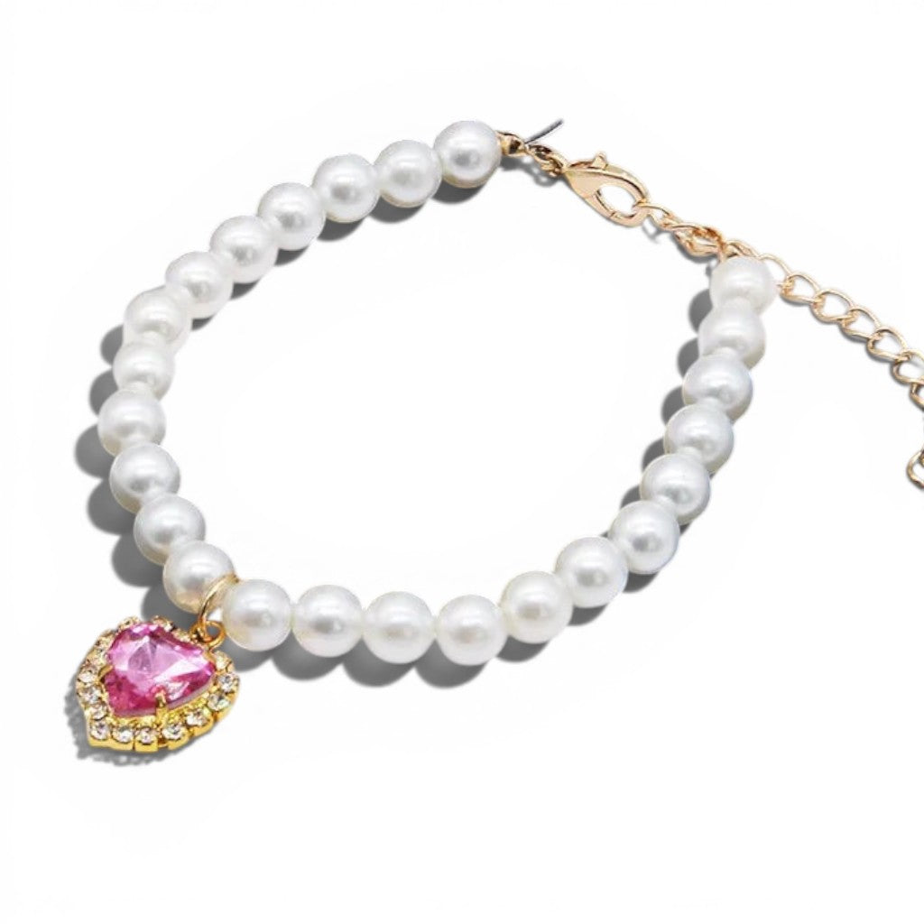 Collier de perles Esprit Chat pour chat avec pendentif en forme de cœur rose entouré de cristaux scintillants