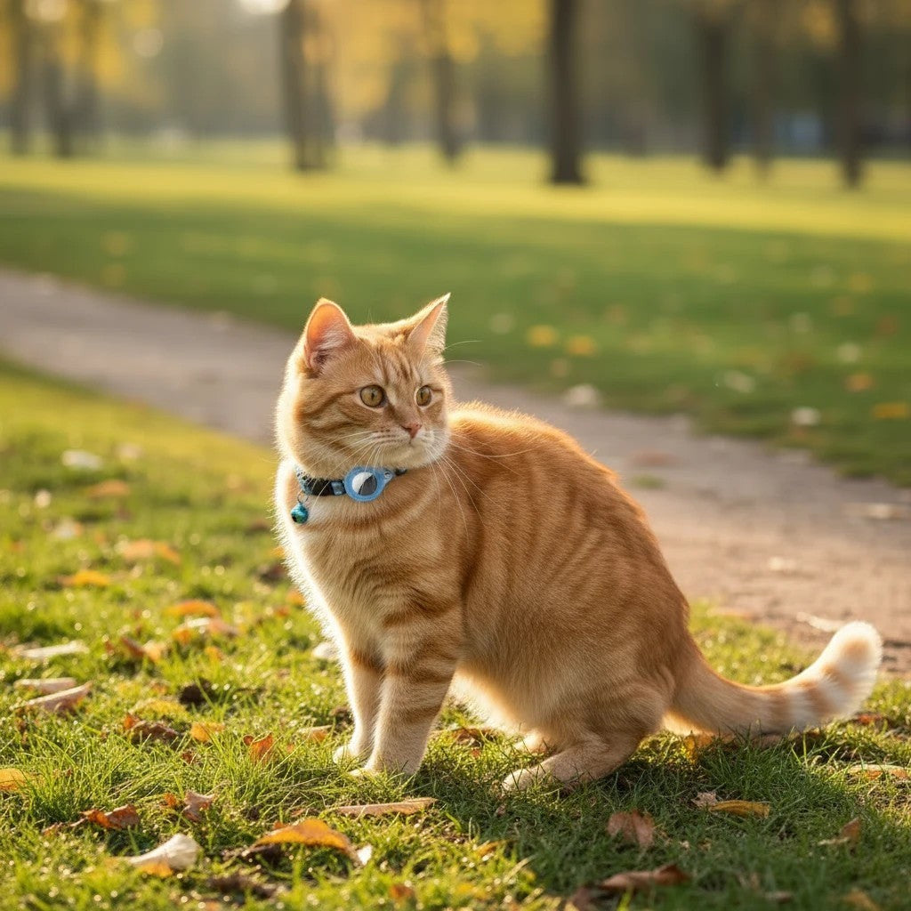 Collier réfléchissant bleu pour chat Esprit Chat avec une clochette, porté par un chat roux assis dans l'herbe.