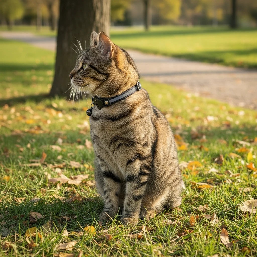Collier réfléchissant gris pour chat tigré, avec une clochette, assis dans l'herbe en automne.