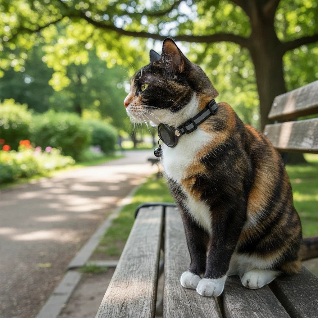 Collier réfléchissant noir pour chat Esprit Chat avec une clochette, porté par un chat tricolore assis sur un banc en bois dans un parc.