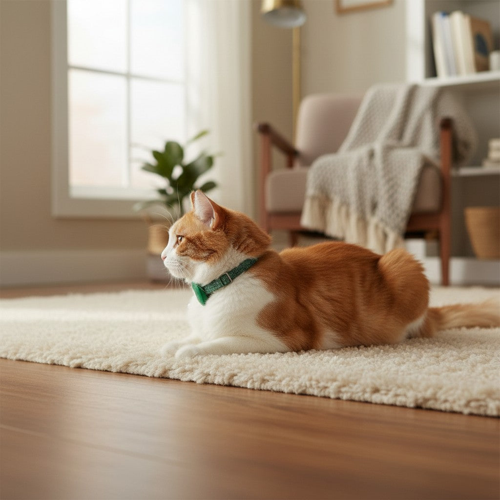 Collier vert Esprit Chat avec clochette et porte-AirTag, pour chat orange et blanc couché sur un tapis.