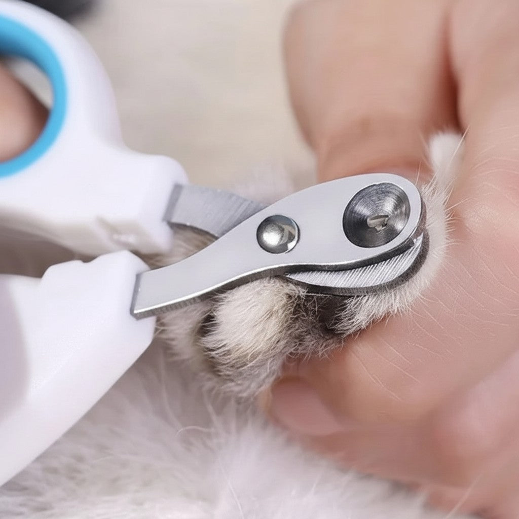 Coupe-griffes Esprit Chat en fer avec poignées ergonomiques blanches et bleues pour couper les ongles de chiot