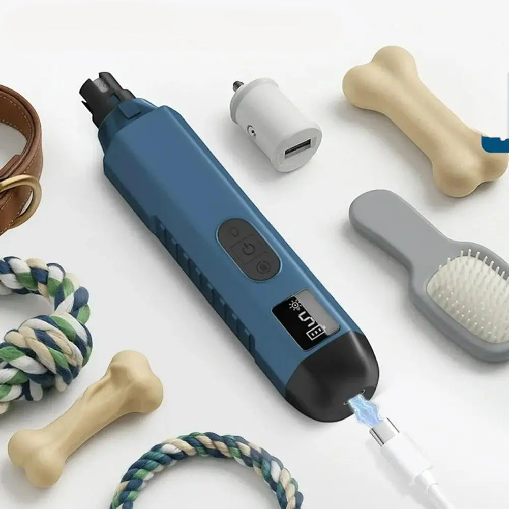 Coupe-griffe électrique Esprit Chat bleu avec éclairage LED, 5 vitesses et chargement USB pour chiens et chats.