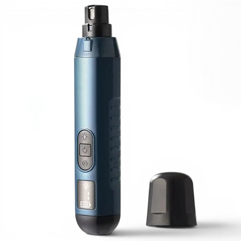 Coupe-griffe électrique Esprit Chat bleu avec éclairage LED, 5 vitesses et design ergonomique sans fil pour animaux.