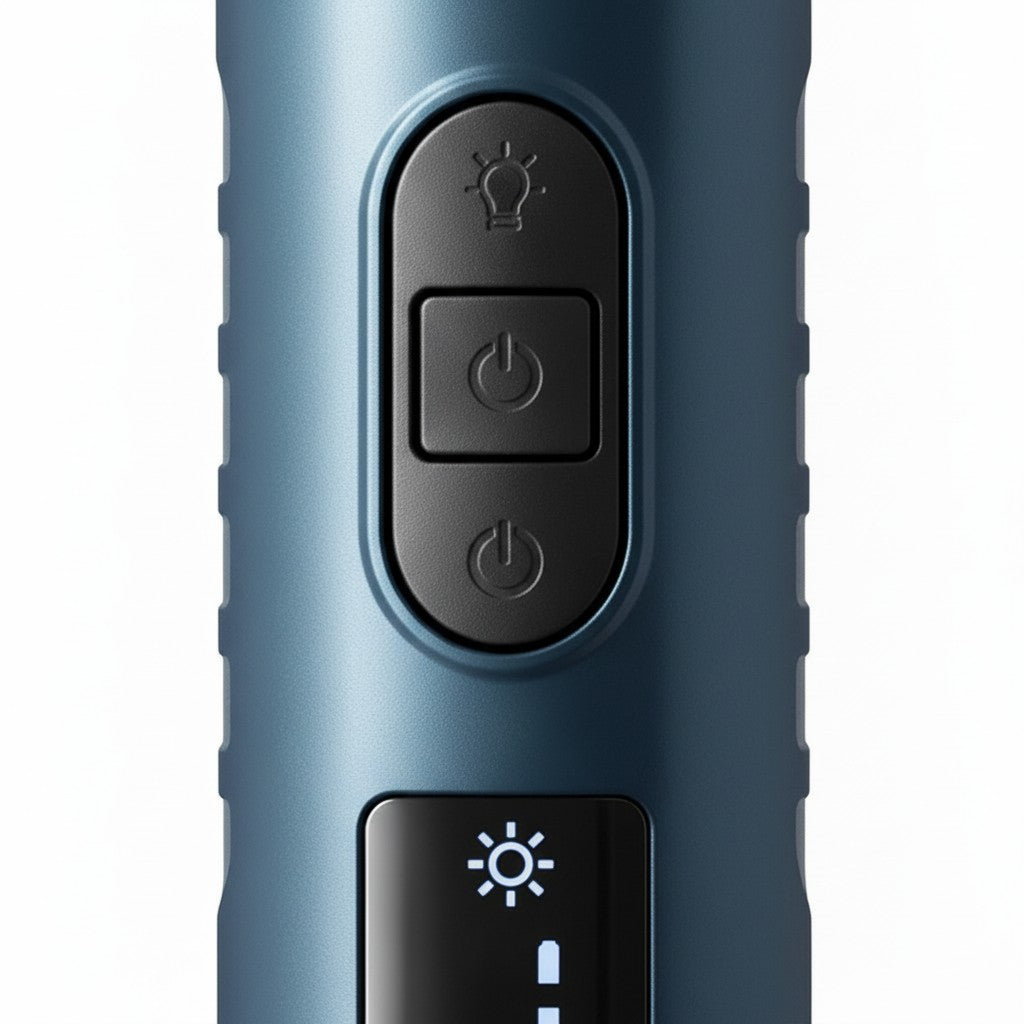 Gros plan sur les boutons de contrôle d'un coupe-griffe électrique Esprit Chat bleu avec éclairage LED intégré.